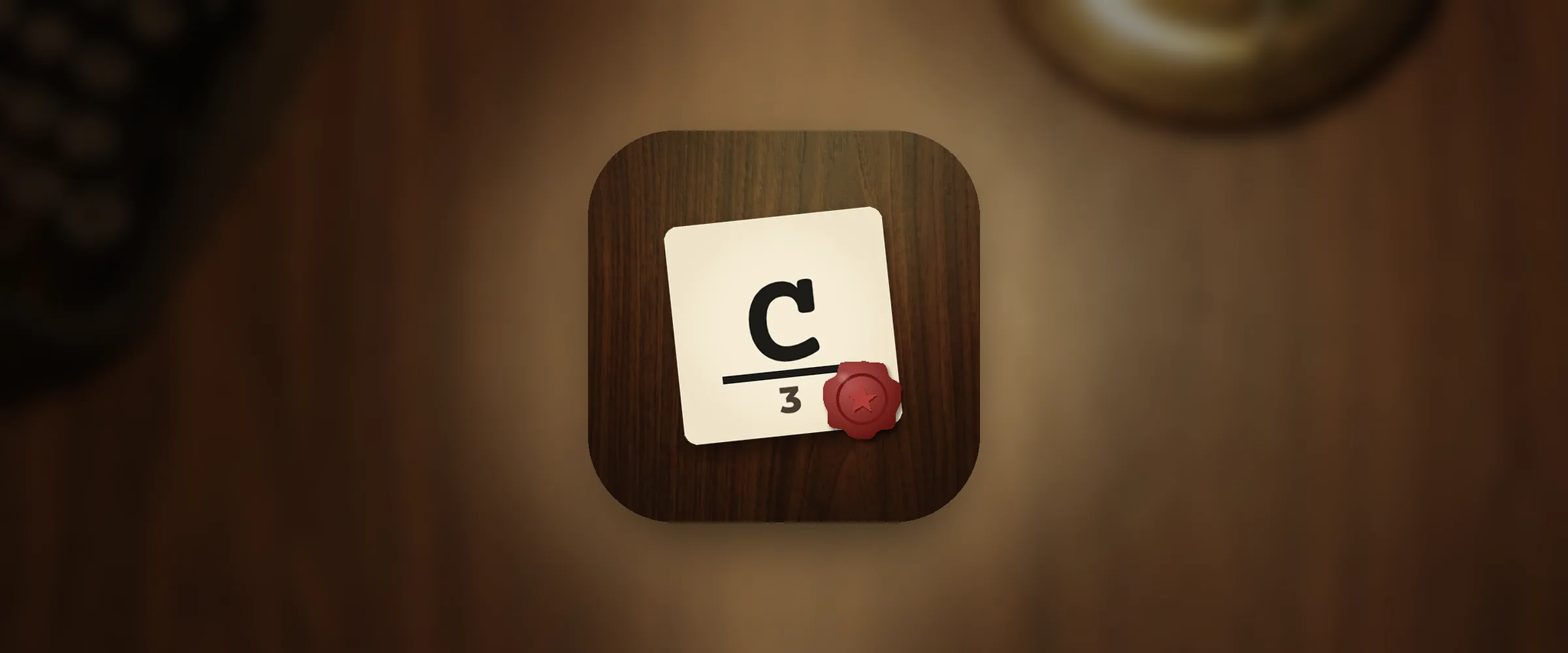 A cream cipher card with a typed letter C above a numbered line and a red wax seal, on a dark walnut desk under the glow of a green banker's lamp