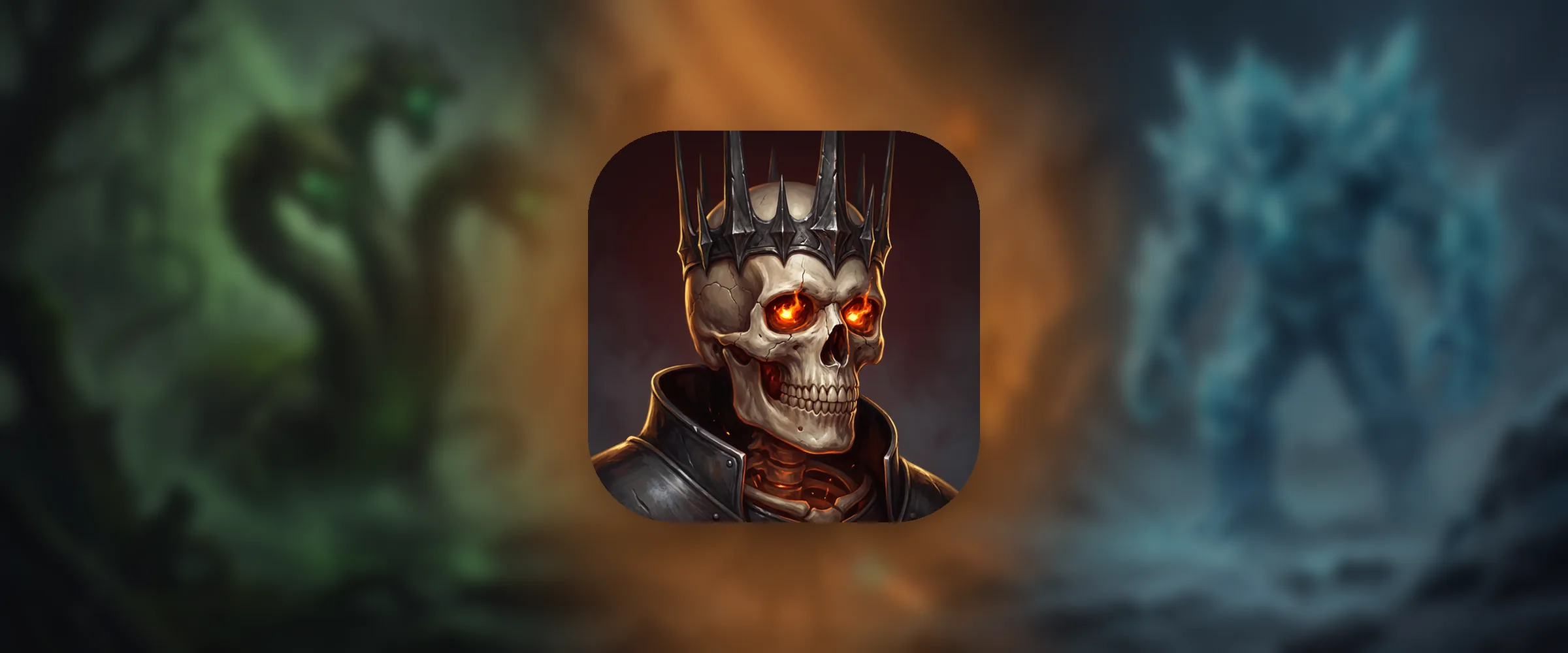 The crowned skull of the Hollow King glowing over the three dark regions of Monsterfall