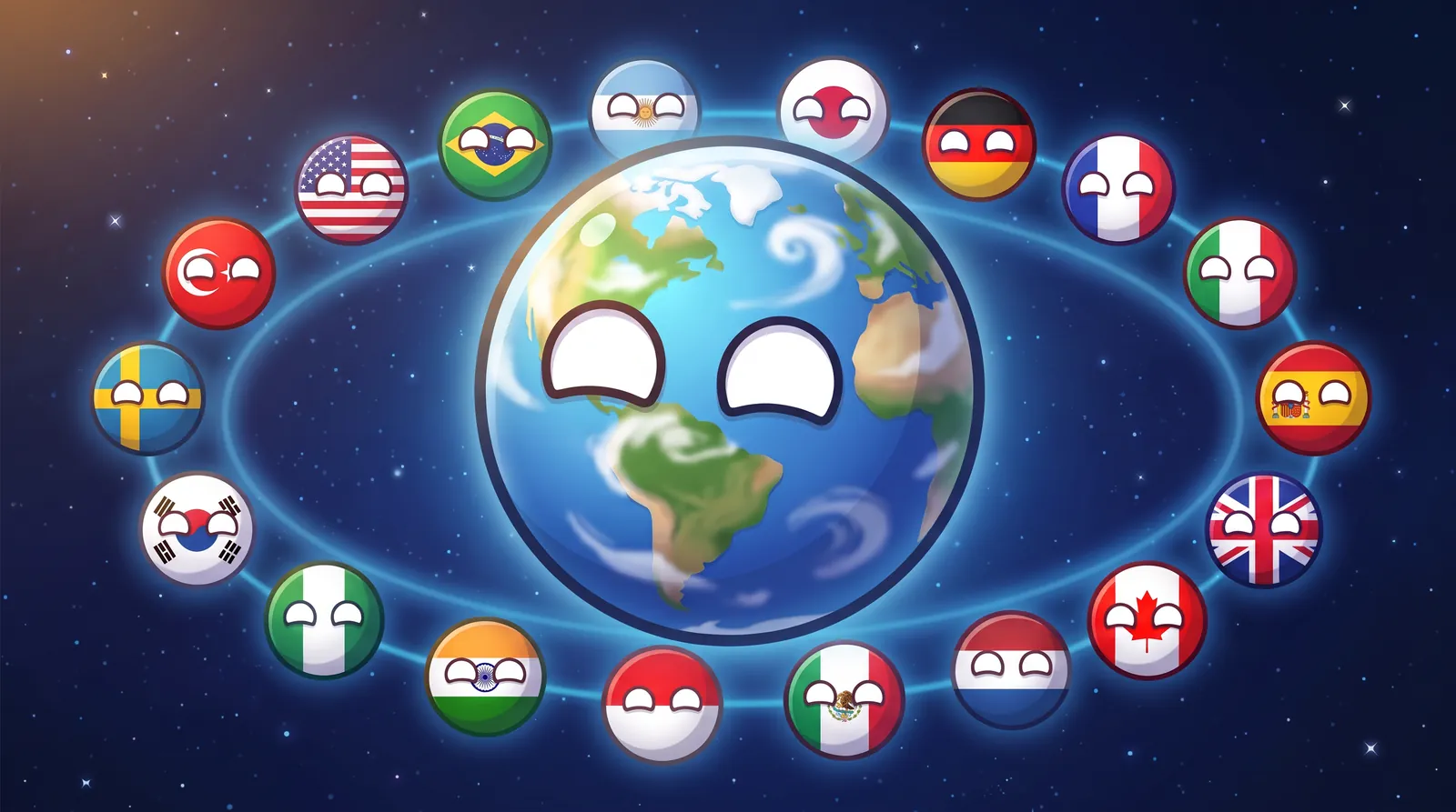 The Earth with a happy face, surrounded by countryballs of many nations