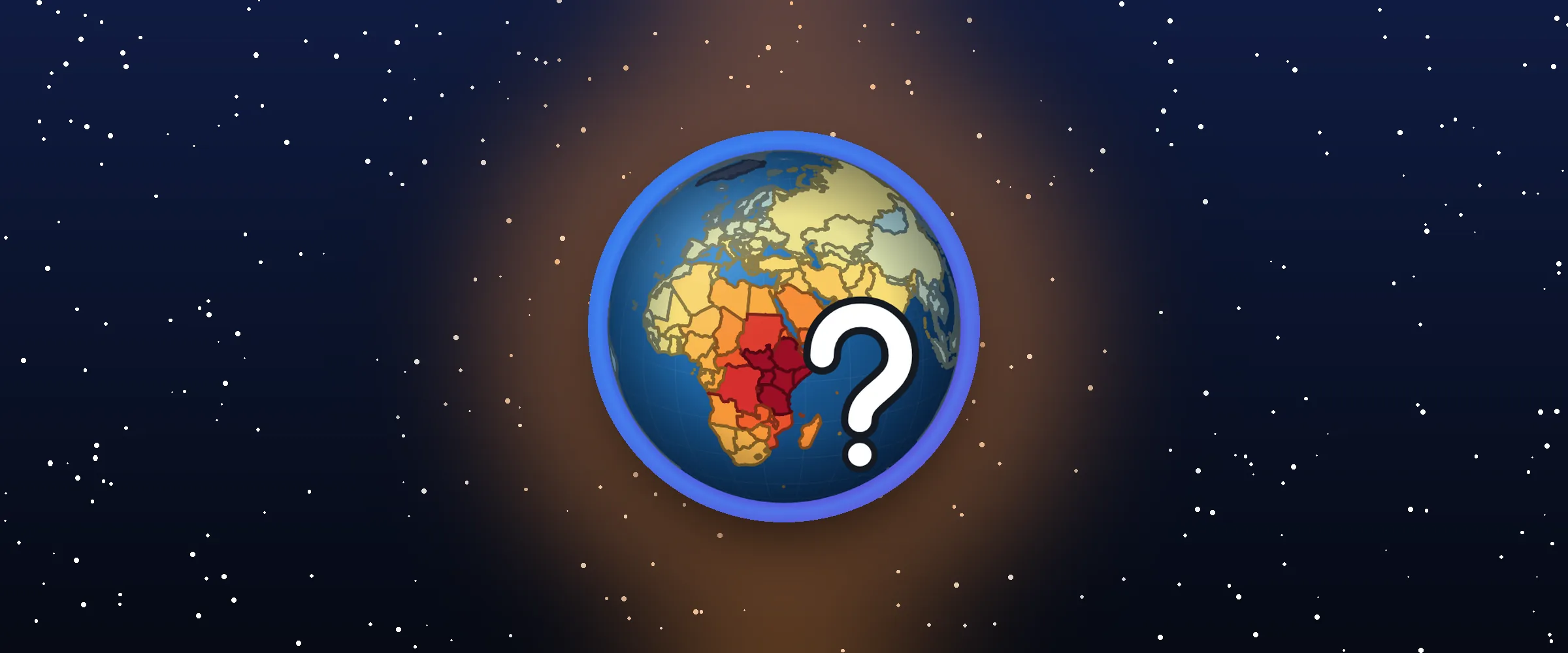 A glowing globe with a big question mark over Africa, in a starry night sky