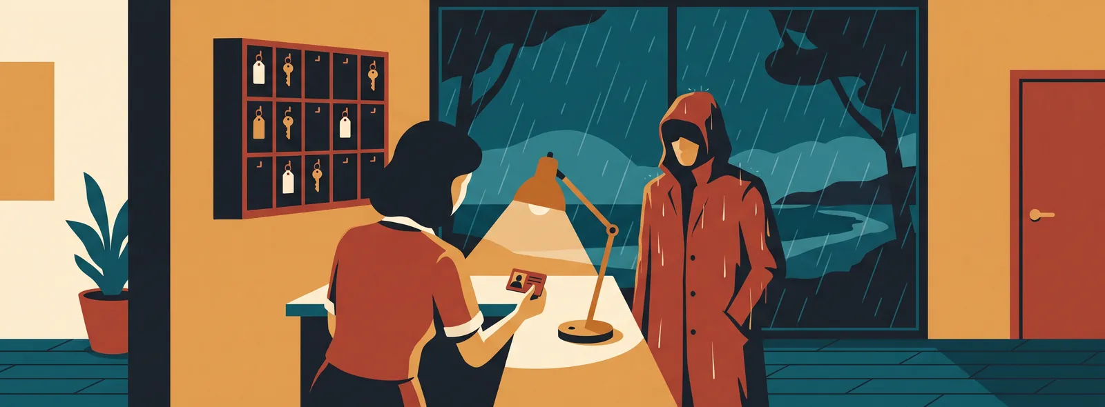 The night desk of a 1984 hotel: the receptionist checks the ID of a hooded guest while rain hits the window