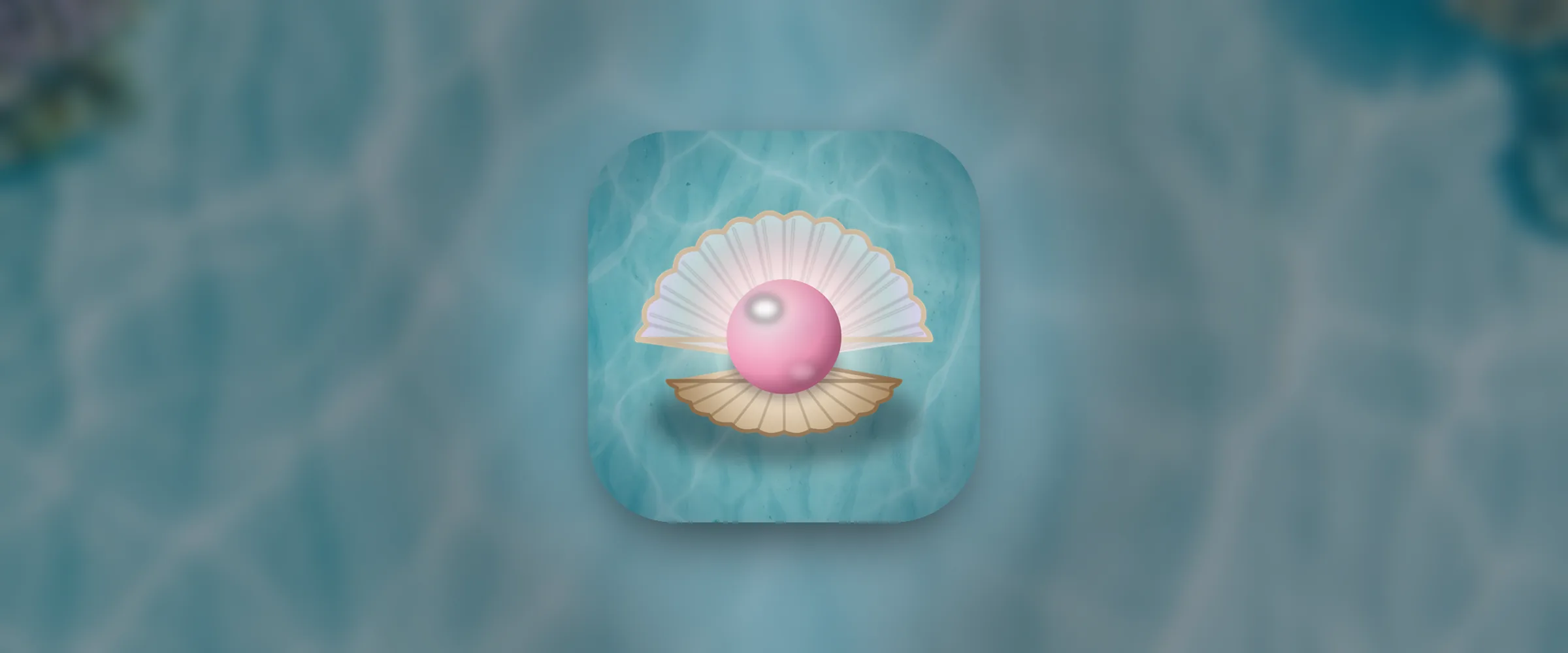 The Reef Marbles icon: a giant open clam with a glowing pink pearl, seen through clear turquoise water over bright sand and soft rippling sunlight