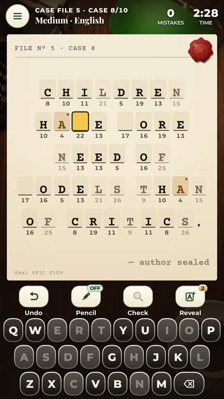 Revealing a letter: the chosen box glows gold as its letter appears in every box with the same number, and the Reveal button shows the free reveals left