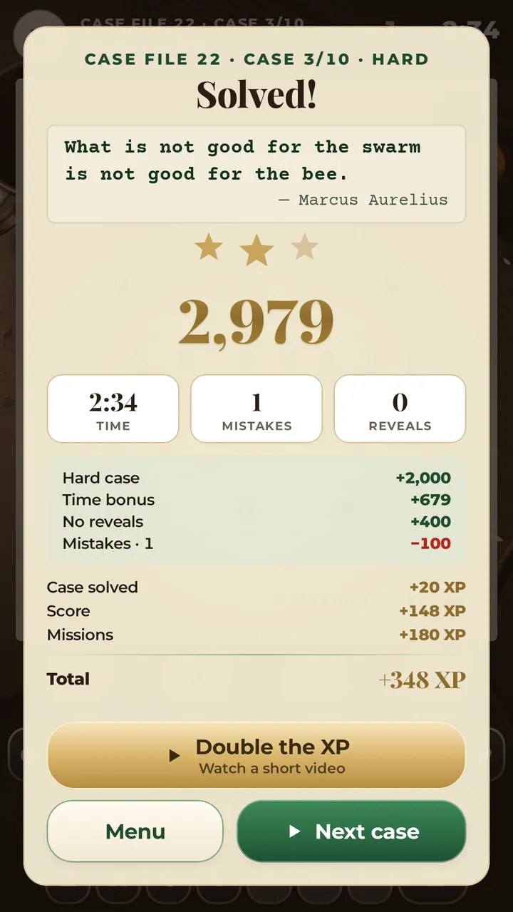 A solved case: the full saying and its author typed on a card, three stars, the score with its time bonus and the XP earned