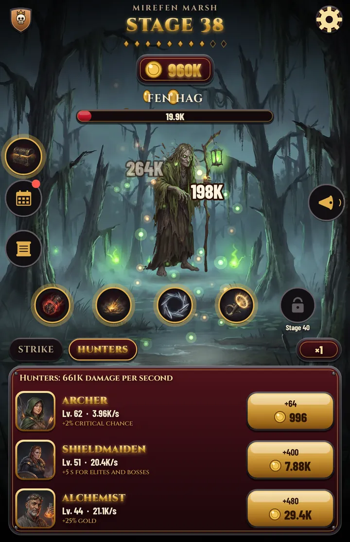 The Hunters tab: the Archer, the Shieldmaiden and the Alchemist deal damage every second against a Fen Hag