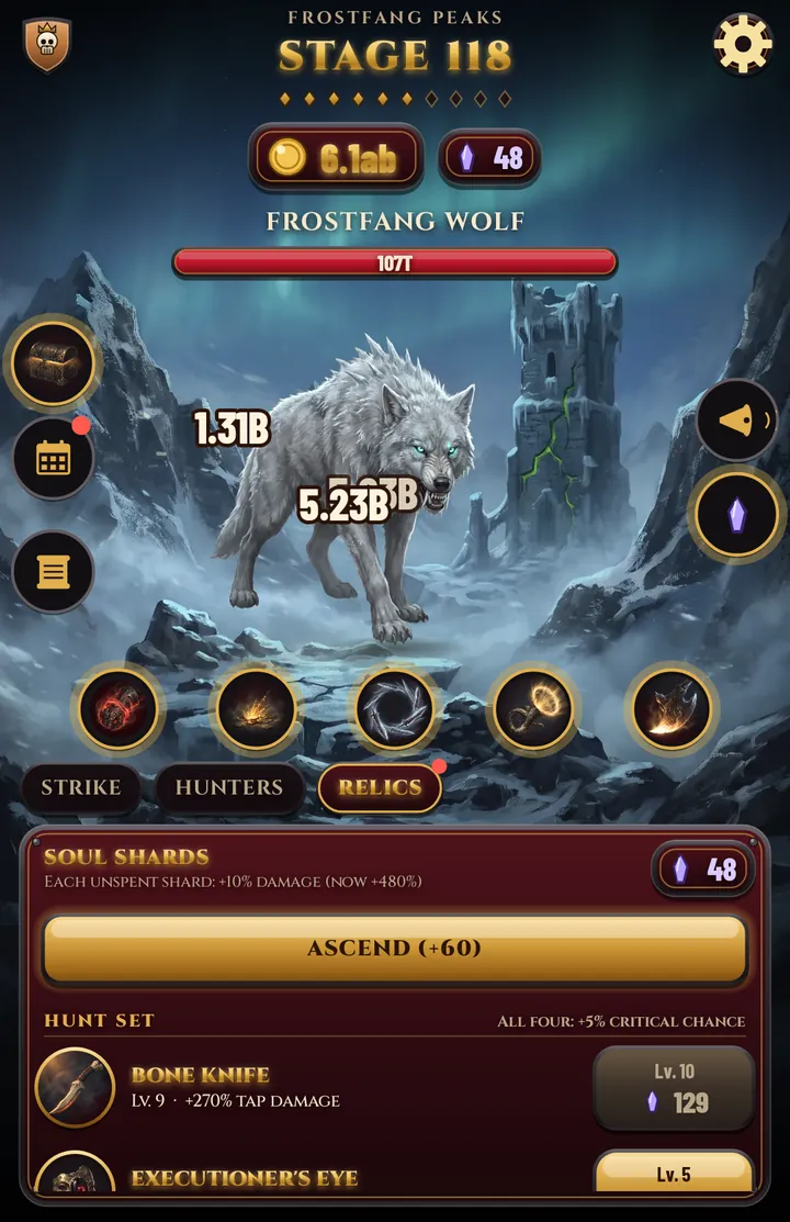Frostfang Peaks at stage 118: Soul Shards, the Ascend button and the relics of the Hunt Set