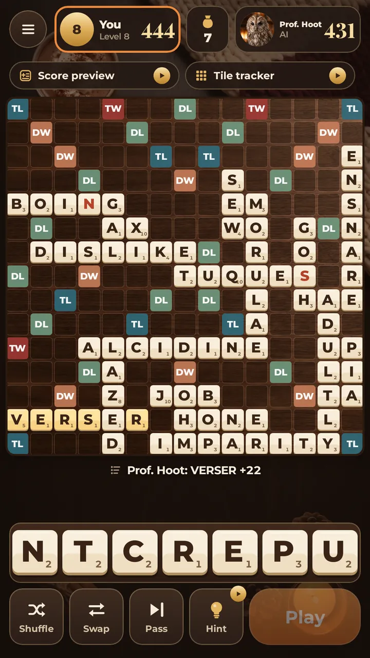 A game in progress against Professor Hoot on the dark walnut board: crossing words, the bonus squares, both scores, the bag count and the seven tiles on the rack