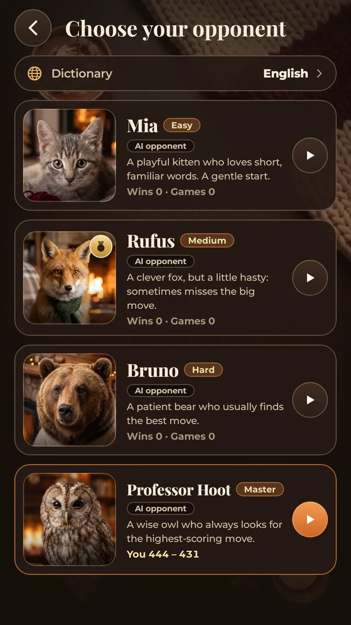 The four AI opponents: Mia the kitten, Rufus the fox, Bruno the bear and Professor Hoot the owl, from Easy to Master