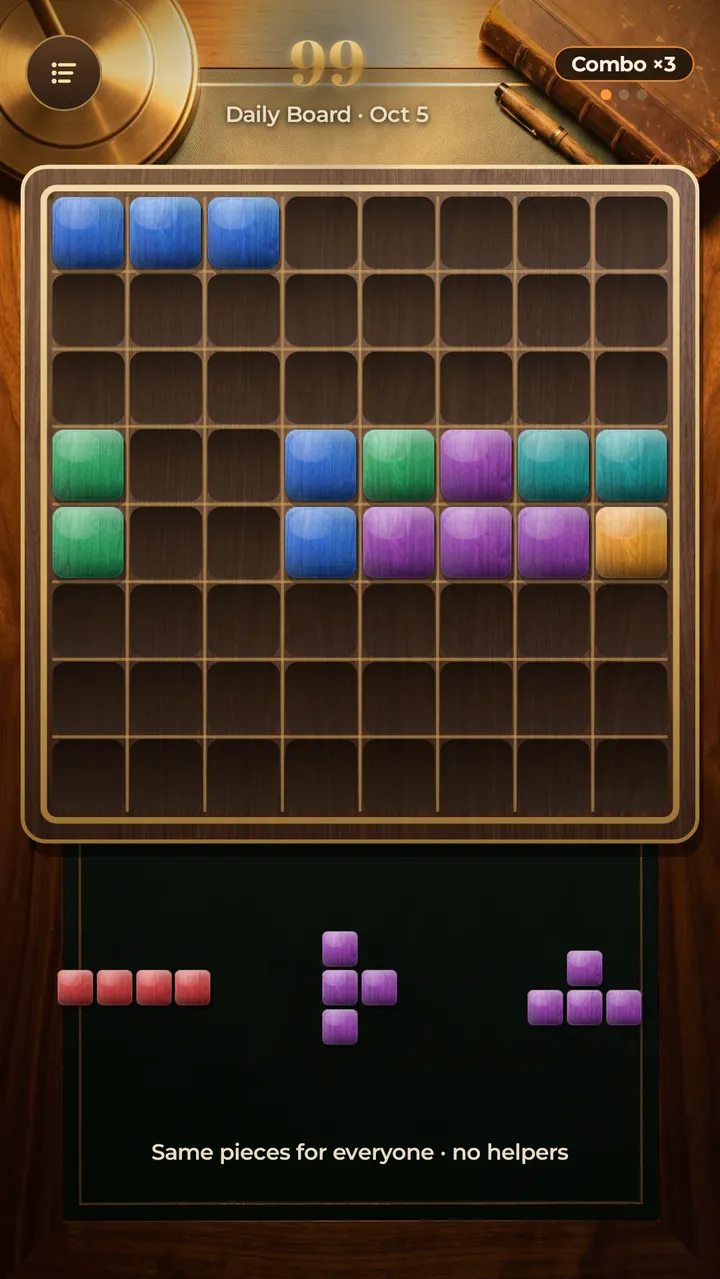 The Daily Board: today's pieces are the same for every player in the world, with no undo, swap or continue