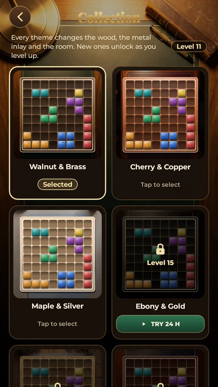 The theme collection: Walnut & Brass and the wood themes that unlock as you level up