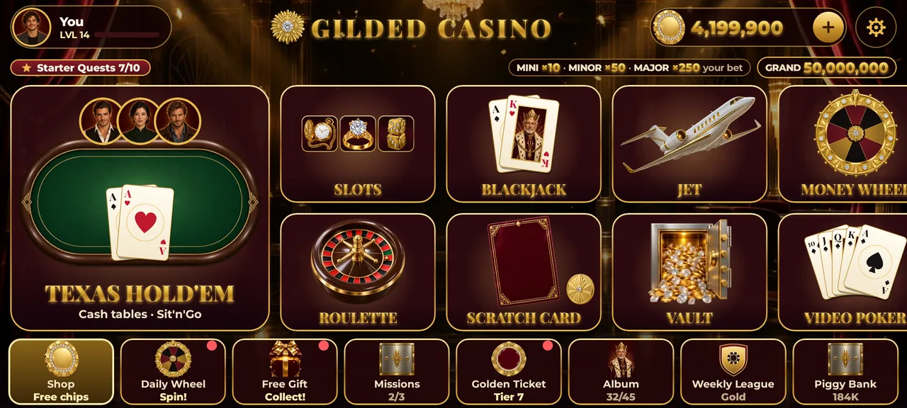 The casino lounge: Texas Hold'em, slots, blackjack, Jet, roulette, scratch cards, the vault and video poker, with four jackpots above