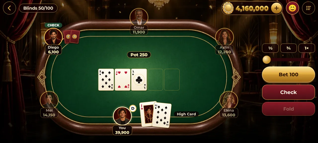 A Texas Hold'em table after the flop: five computer rivals with names and faces, the pot and the Bet, Check and Fold buttons