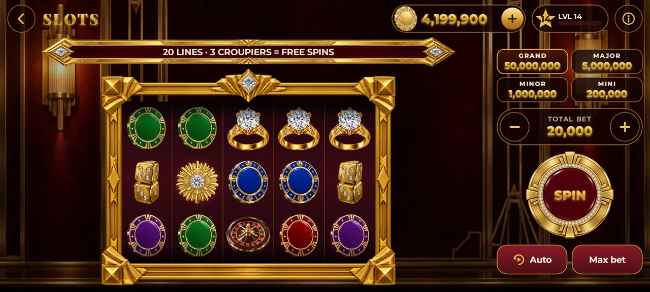 Slots with 20 lines: rings, dice and chips on golden reels; three croupiers trigger free spins