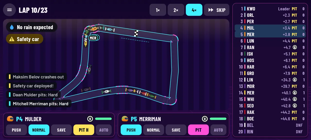 A live race on a top-down track: a safety car, the standings and pace buttons for both drivers