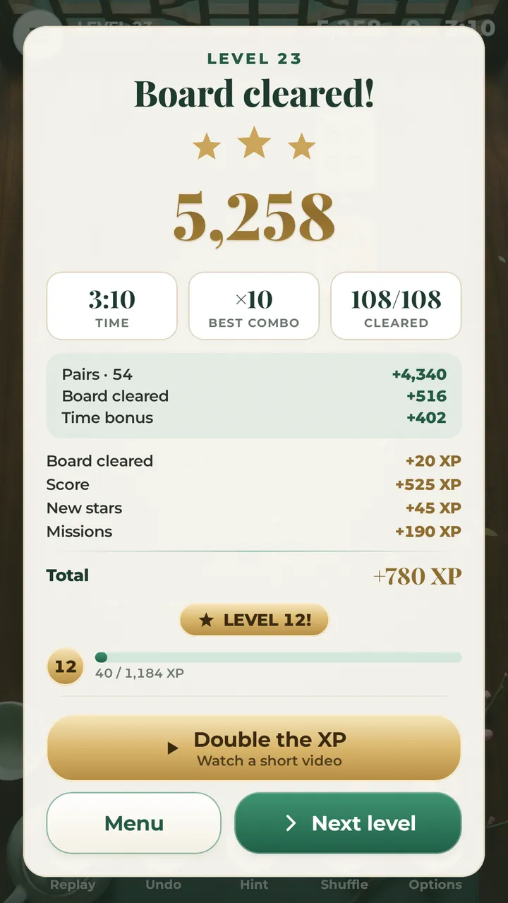 A cleared board: three stars, the score with its pair, board and time bonuses, the best combo and the XP earned
