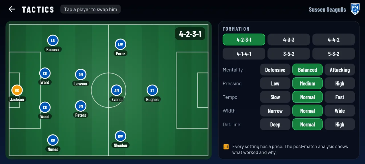 The tactics board: a formation and five settings for mentality, pressing, tempo, width and defensive line
