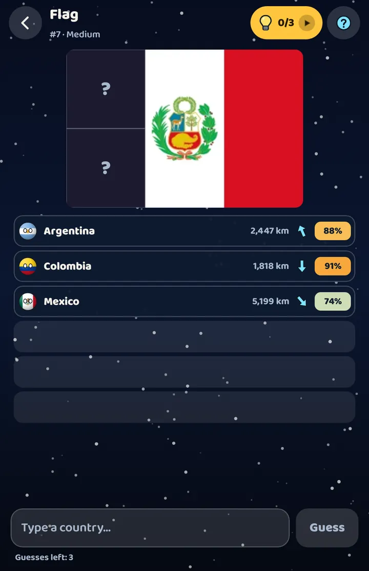 The flag puzzle: the flag opens tile by tile and every guess shows the distance and the direction
