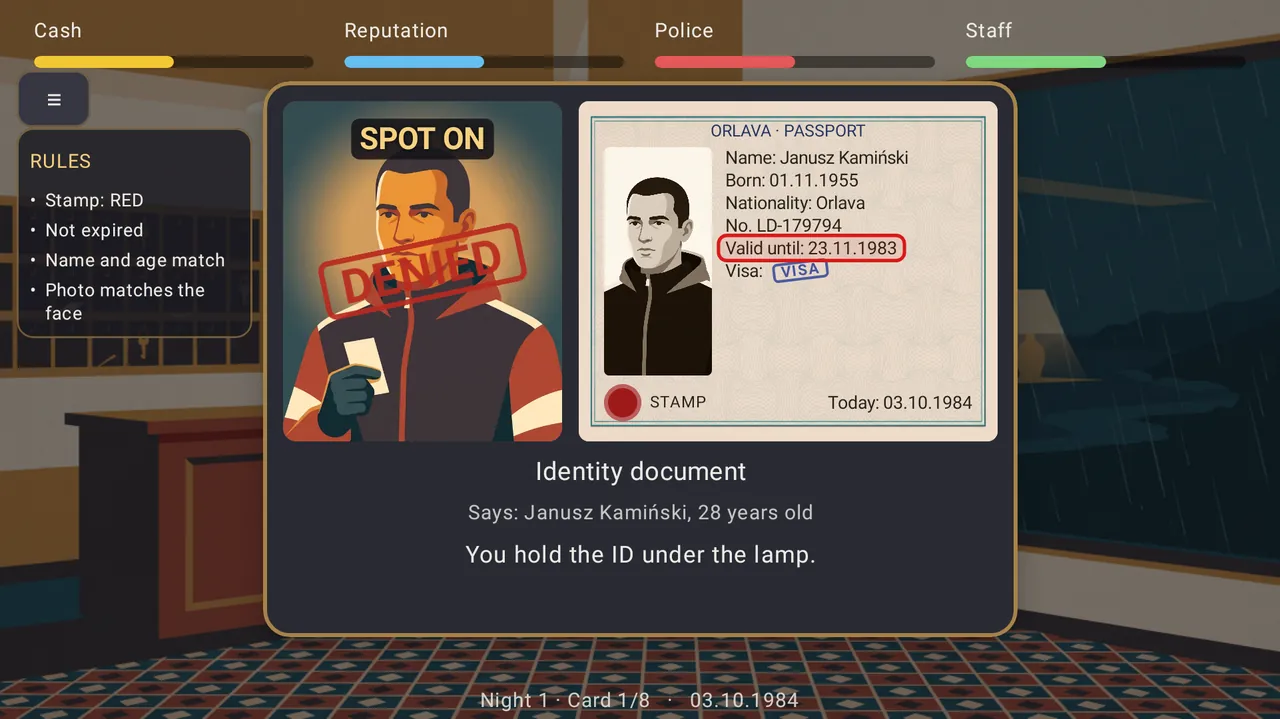 Spotting a fake: the flaw on the ID is marked and the game confirms it