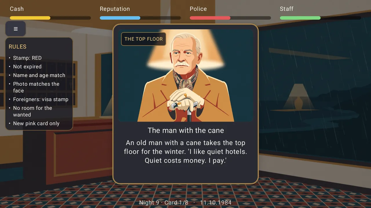 A story card: an old man with a cane takes the top floor for the winter