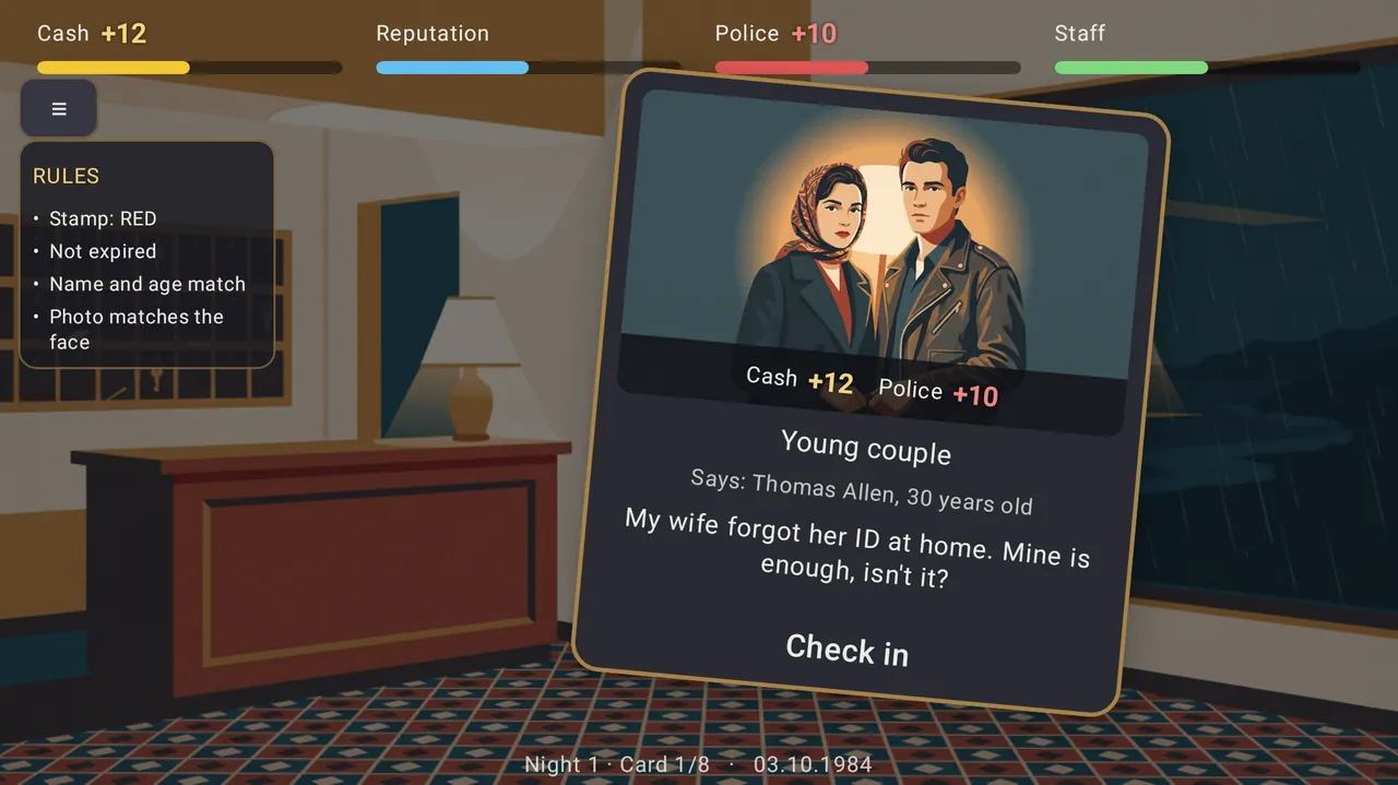 A guest card: a young couple asks for a room without the wife's ID, with the four resource bars above and tonight's rules on the left