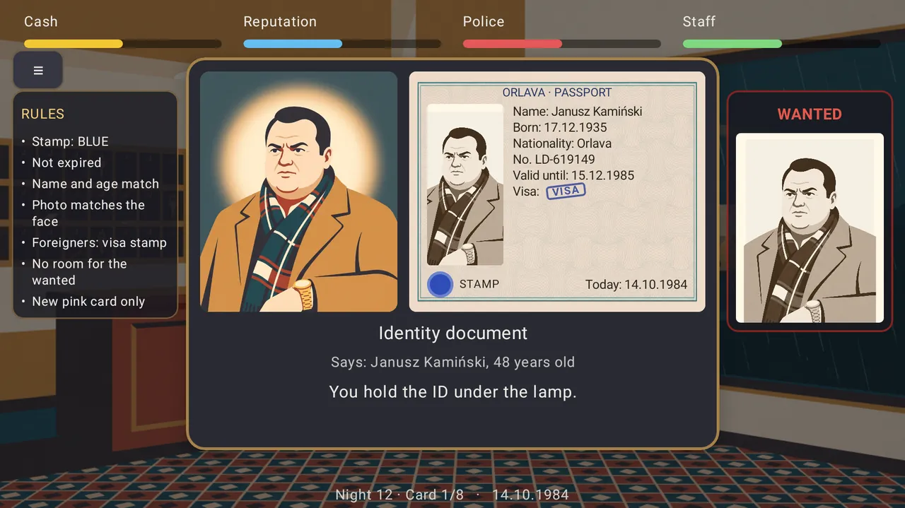 An identity card held under the lamp next to the guest's face, with a wanted poster on the right
