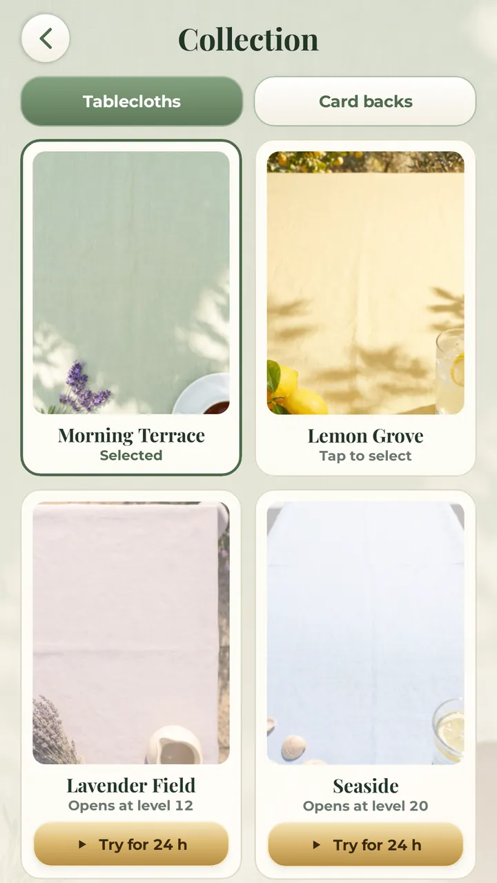 The tablecloth collection: Morning Terrace, Lemon Grove, Lavender Field and Seaside, with a 24-hour trial for the locked ones