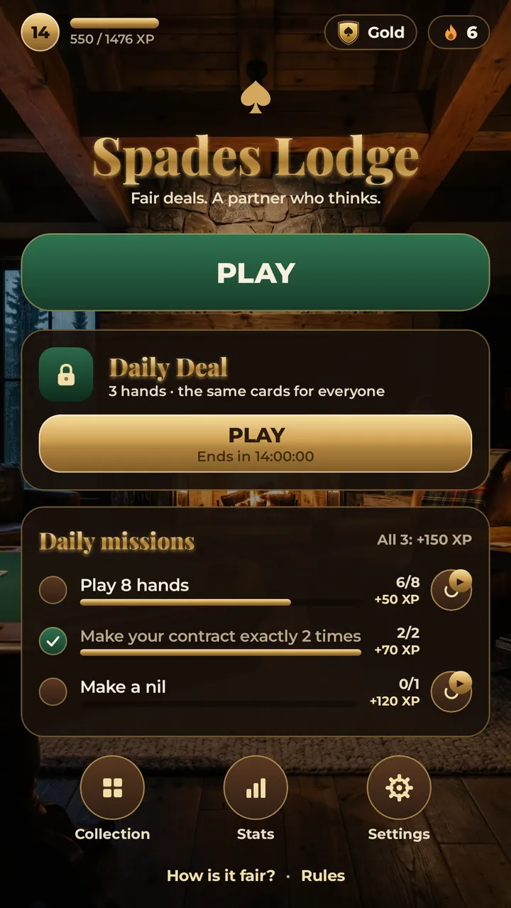 The lodge menu: level, weekly league and streak, the Daily Deal and three daily missions