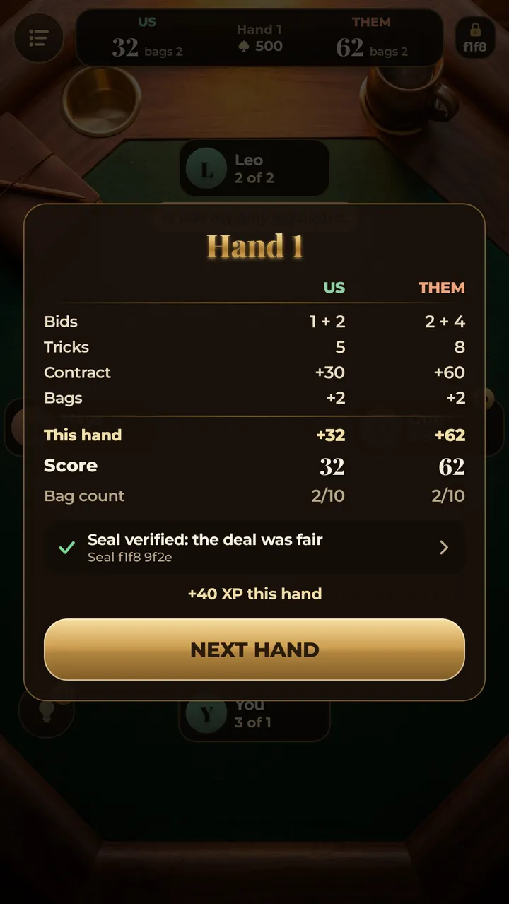 The end of a hand: bids, tricks, contract points and bags for both teams, with the seal verified