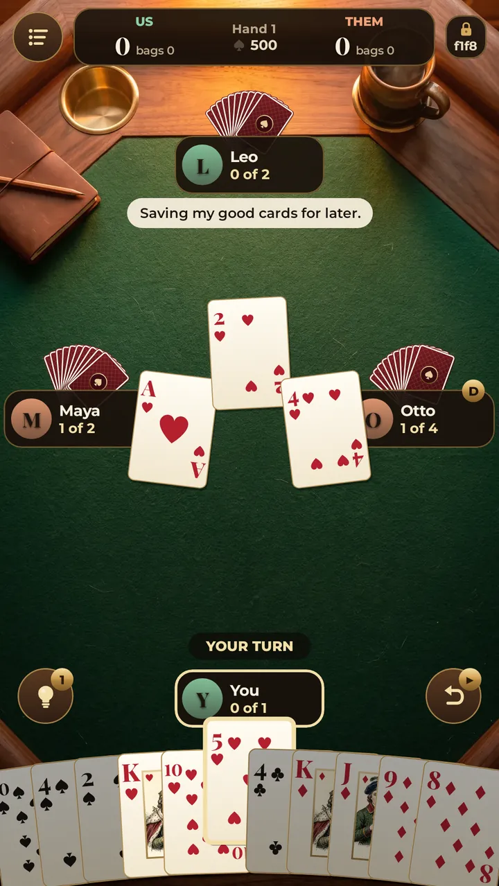 A hand in play at the lodge table: three cards in the middle, the partner explaining its play and your fanned hand