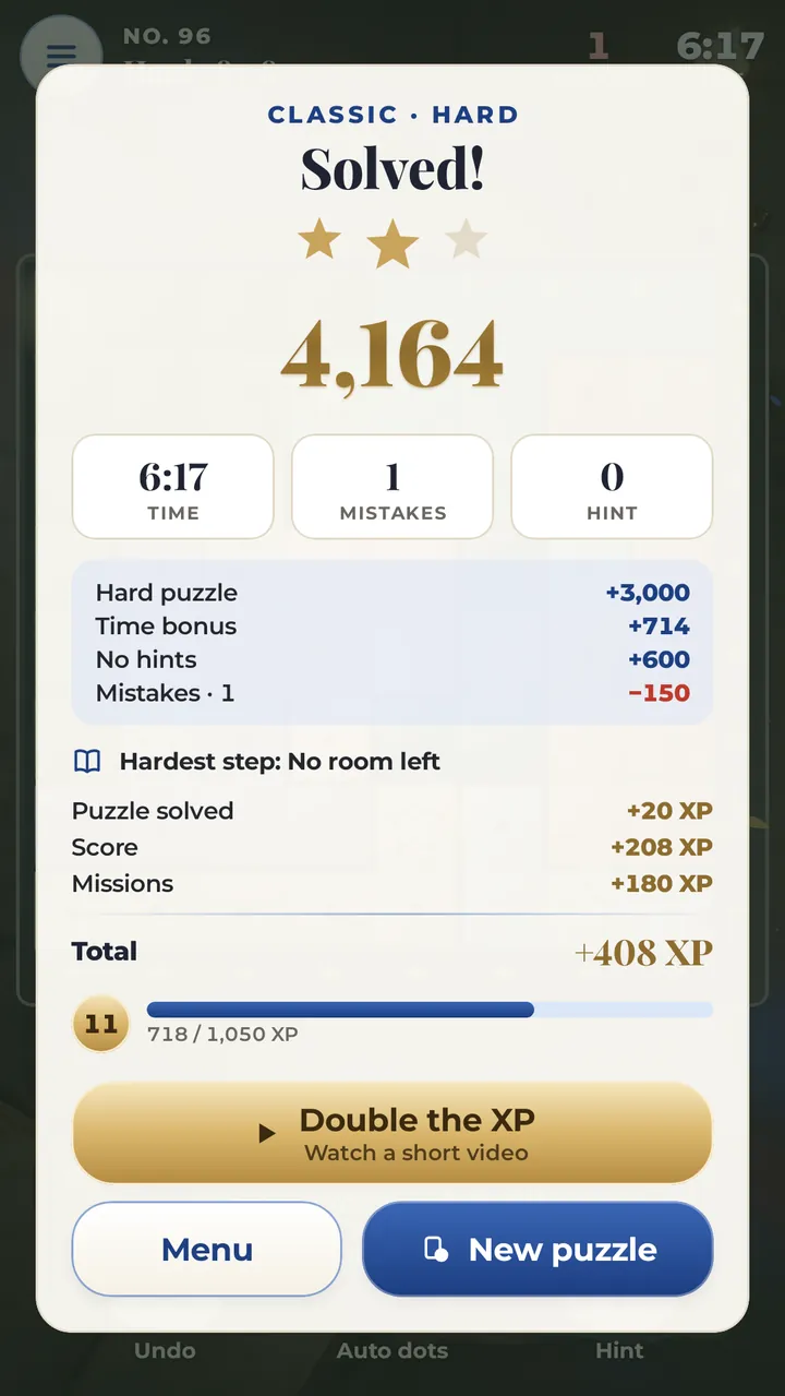 A solved panel with every square lit up: two of three stars, the score with its time bonus and mistake breakdown, the hardest step and the XP earned