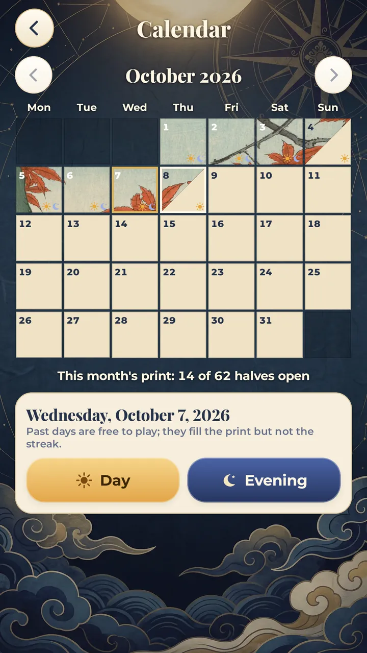 The calendar for October: each day's Daily and Evening Board opens half a square of the month's print, with Day and Evening buttons for the chosen date