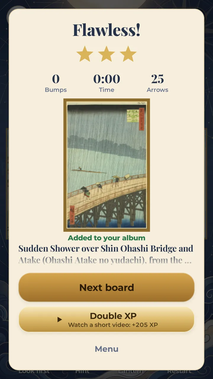 A flawless board: three stars, no bumps, and Hiroshige's print Sudden Shower over Shin Ohashi Bridge added to the album, with Next board and Double XP buttons