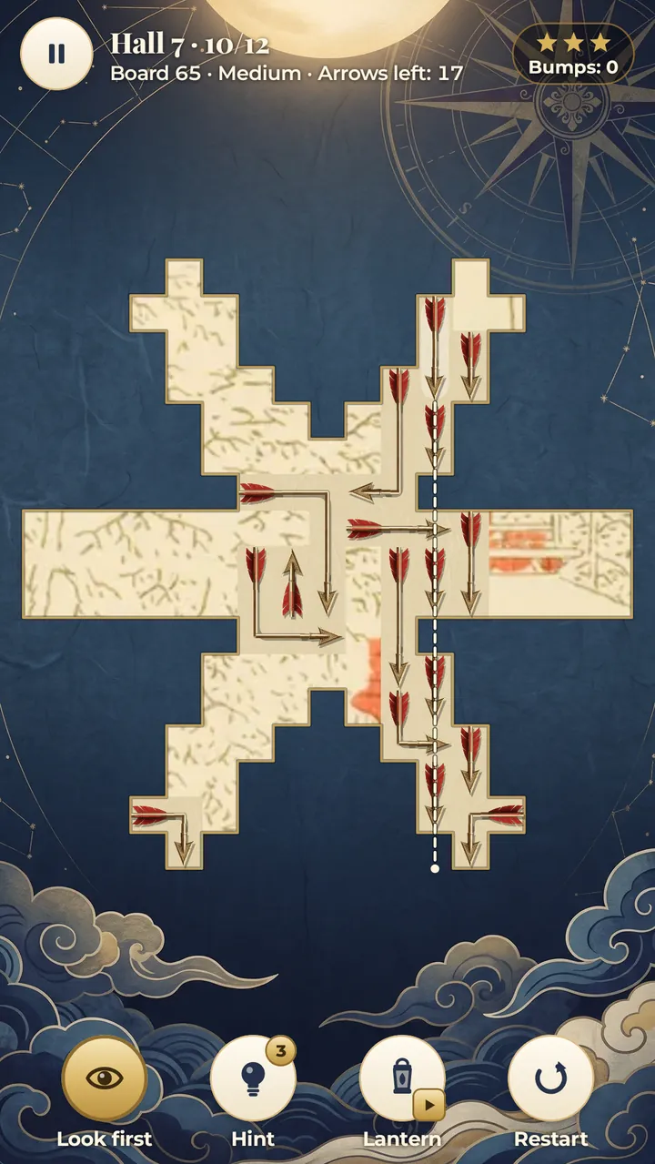 Look first: the chosen arrow's path is drawn as a dotted line to the edge of the board before the arrow moves