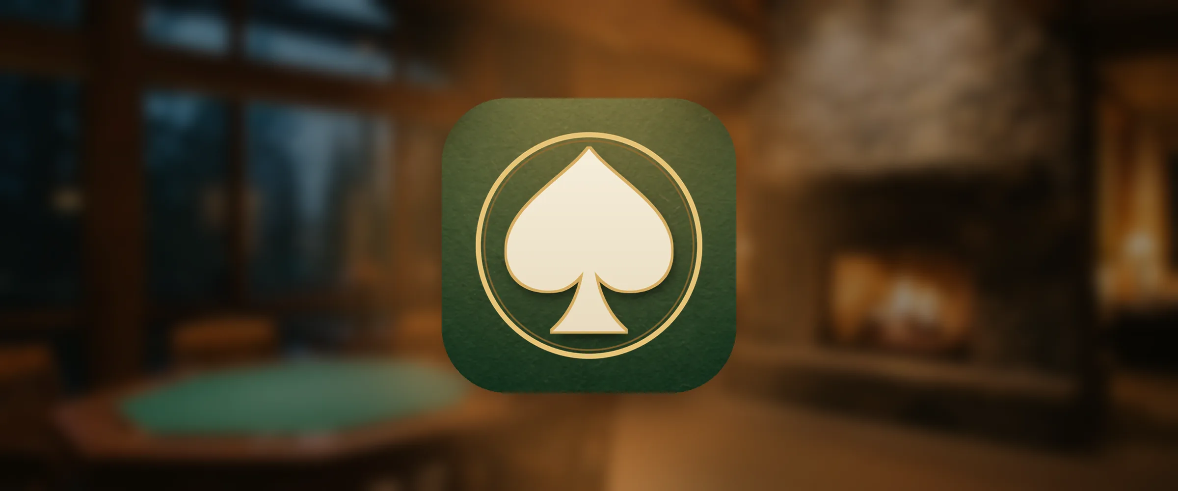 The Spades Lodge icon, an ivory spade in a brass ring, over a blurred mountain lodge with a fireplace