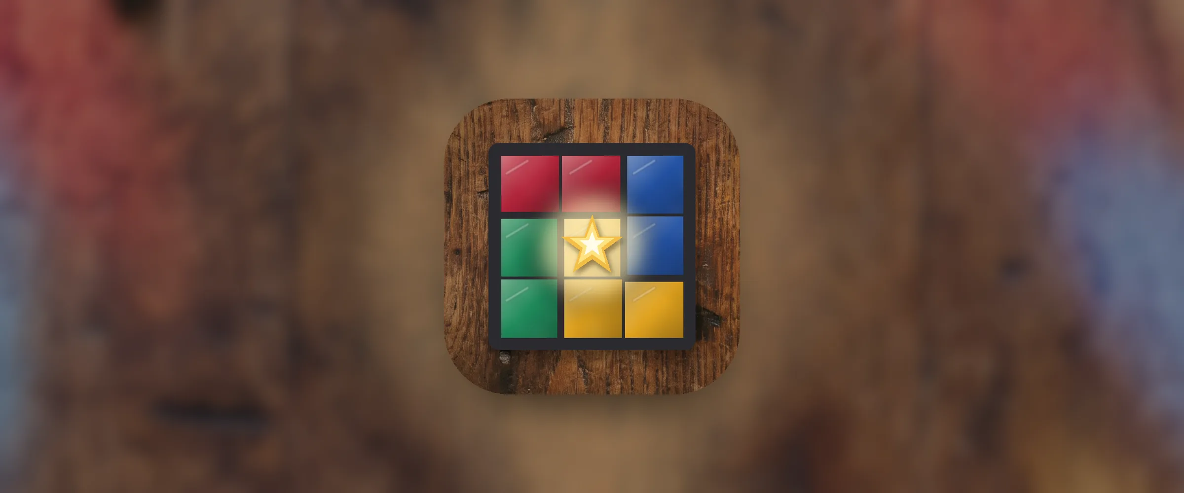 The Stained Glass Stars icon, a small three-by-three stained glass window in ruby, cobalt, emerald and amber with a glowing gold star in the middle, on a dark walnut workshop table